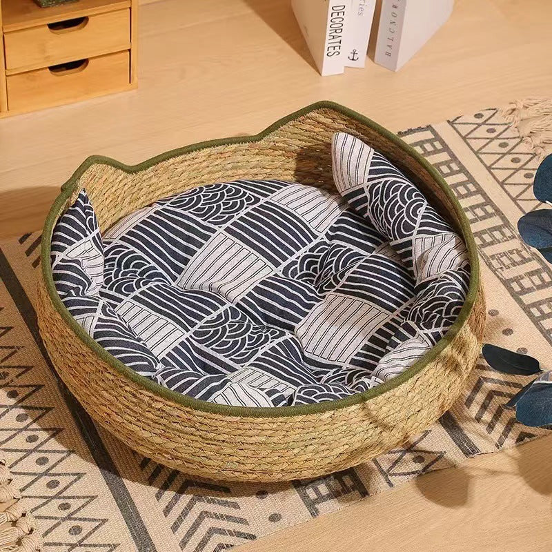 # Rattan Cat Ear Pet Bed: Suitable for all four seasons. Cat scratcher pet bed Pet cats made of rattan and straw can be disassembled and washed. Cat supplies