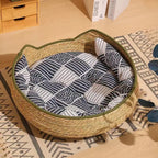 # Rattan Cat Ear Pet Bed: Suitable for all four seasons. Cat scratcher pet bed Pet cats made of rattan and straw can be disassembled and washed. Cat supplies