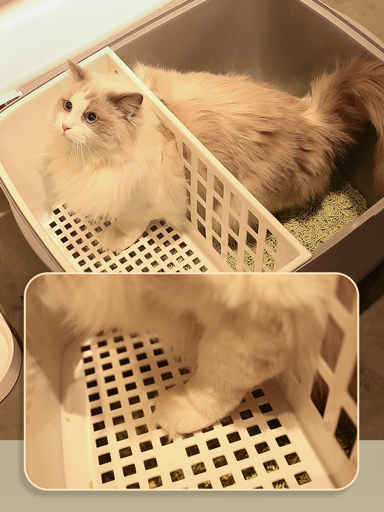 Large-capacity corridor-style cat litter box; Fully enclosed; Prevent sand from being brought into the house. Isolate odors and unpleasant smells; Dry-wet separation Large capacity, suitable for multi-cat families