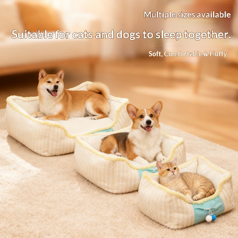 # Striped plush pet bed; The doghouse is suitable for all seasons. Teddy small dog Bichon Frise bed sofa; Keep the cat bed warm in autumn and winter