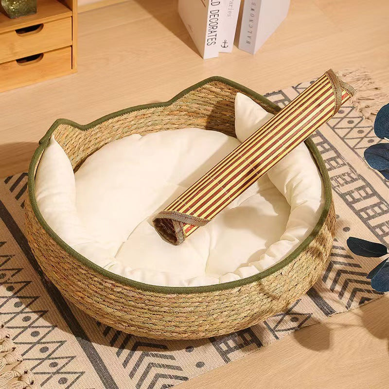 # Rattan Cat Ear Pet Bed: Suitable for all four seasons. Cat scratcher pet bed Pet cats made of rattan and straw can be disassembled and washed. Cat supplies