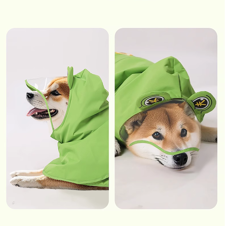Pet raincoat； Puppy raincoat ；Suitable for medium and small-sized dogs; Waterproof and dirt-proof; Pet raincoat for going out; Green frog shape; Cloak raincoat
