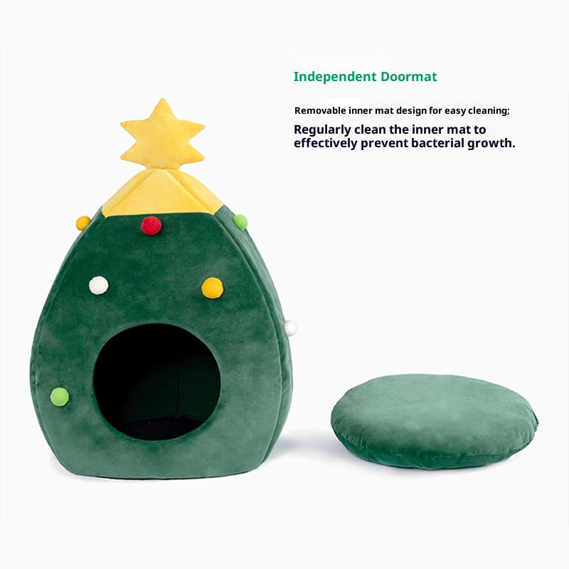 Christmas tree cat bed dog bed Winter fully enclosed cat house and small dog shelter; The Christmas doghouse can be disassembled and washed