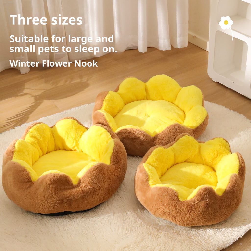 Eight-petal flower pet bed; Winter warm cat bed; Semi-enclosed rabbit plush round dog house; Washable dog sleeping pad