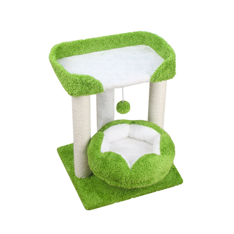 Green double-nest cat climbing frame; Sisal is resistant to scratching cats. It doesn't flake off and is easy to grip. Integrated pet supplies;