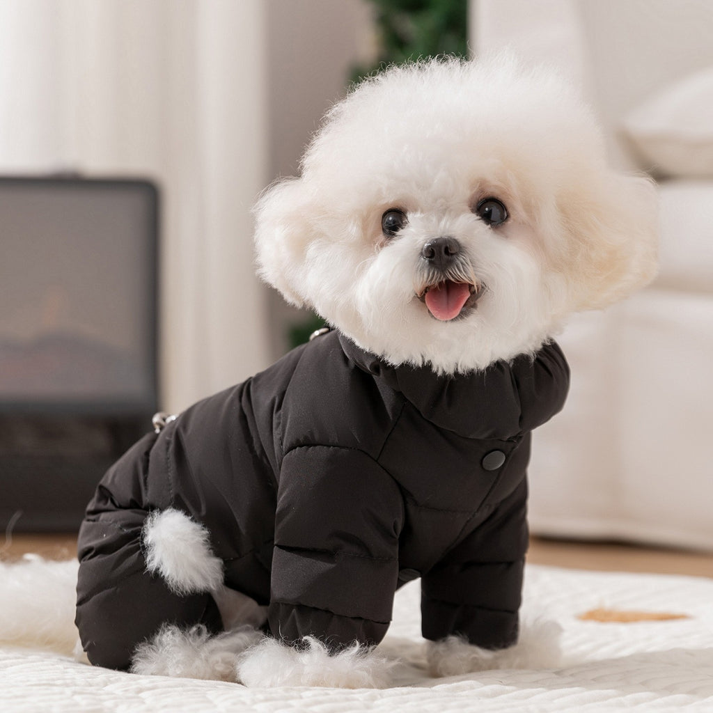 Dog down jacket with fabric label; Warm dog clothes for autumn and winter Four-legged graphene-pulled down jacket Pet clothes for small and medium-sized dogs