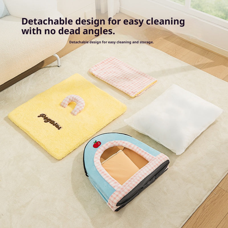 A small house-shaped pet cat bed; Luxurious villa for warmth in winter; Closed cat sleeping house;Small dog