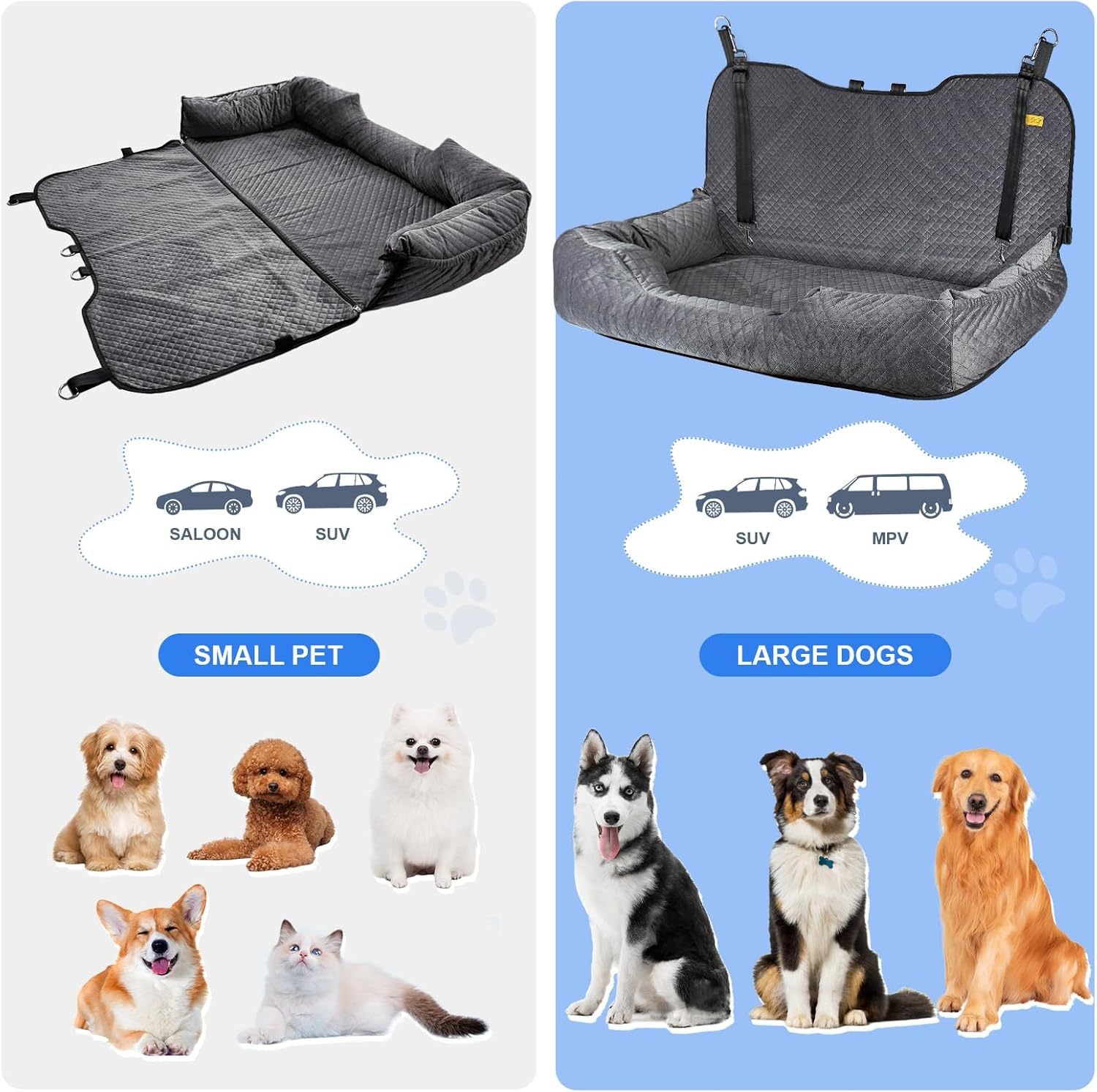 Travel Bolster Safety Waterproof Medium Large Dog Car Back Seat Bed; Detachable and washable for all four seasons. Three enlarged rear seats for pets