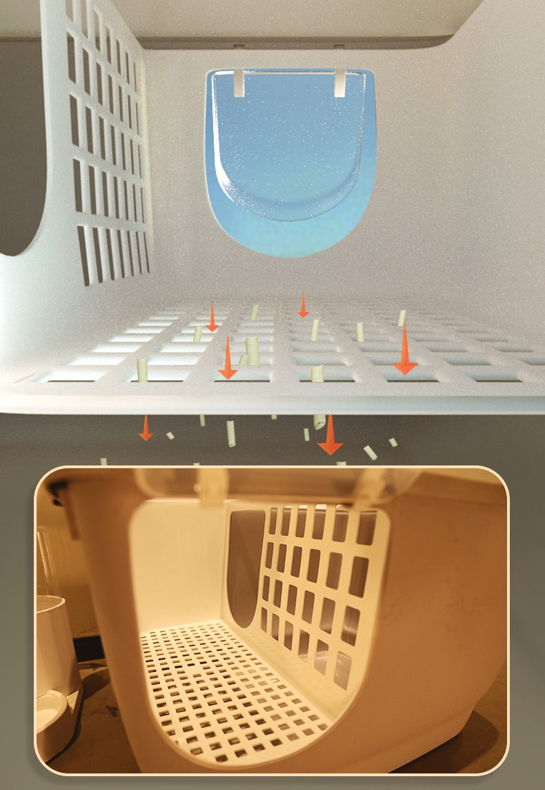 Large-capacity corridor-style cat litter box; Fully enclosed; Prevent sand from being brought into the house. Isolate odors and unpleasant smells; Dry-wet separation Large capacity, suitable for multi-cat families