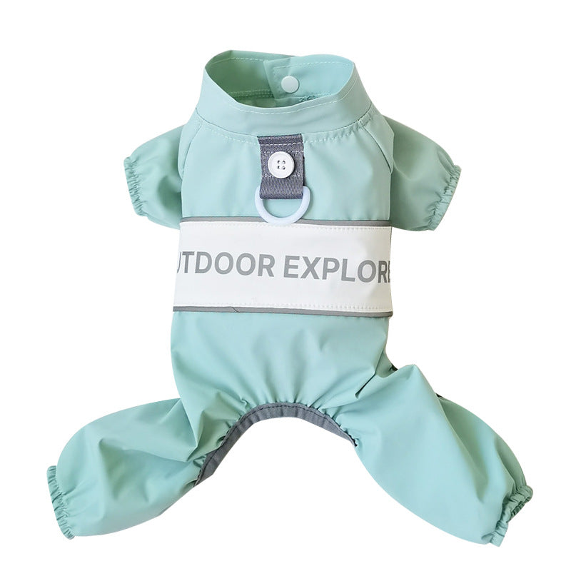 Outdoor four-legged raincoat Dog clothes, transparent raincoats and raincoats; The waterproof cap can be pulled. A small dog with a four-legged tummy