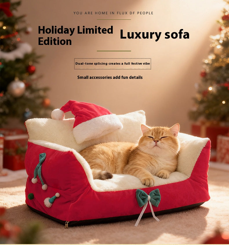 Christmas festive atmosphere cat bed A dog bed that can be disassembled and washed all year round. Thickened cat sofa Winter warm cat bed