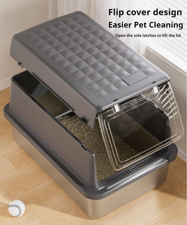 Square stainless steel cat litter box; Large-space dirt-resistant and wear-resistant cat toilet; Closed cat litter box pet supplies