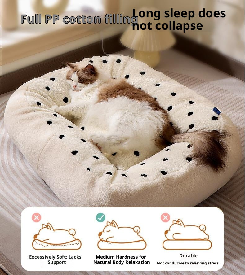 Elliptical polka dot plush pet bed; Circular thickened nest for pet pads; Winter warm cat beds, dog MATS, dog beds