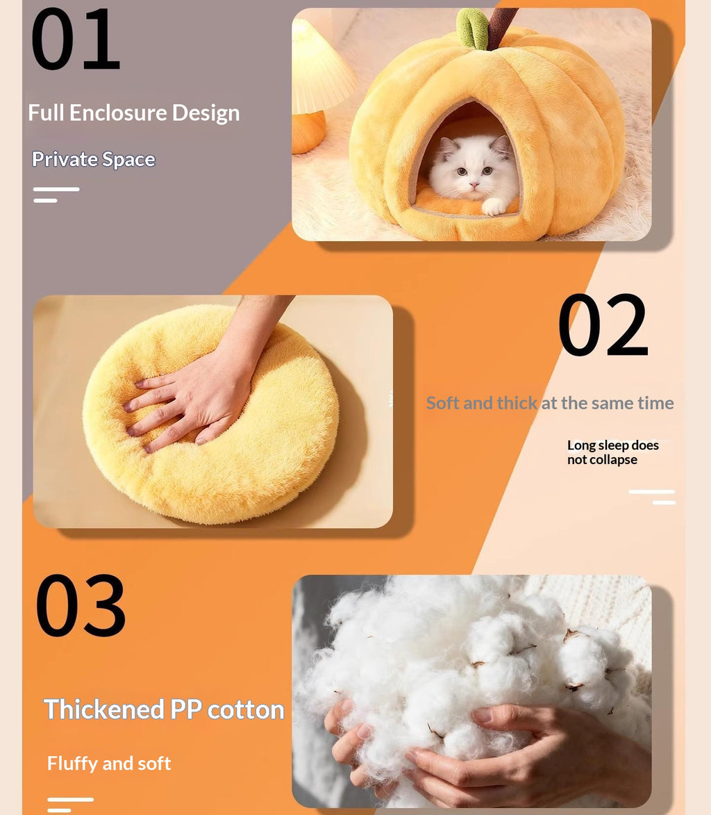 Pumpkin-shaped warm cat bed, winter warm dog bed, pet cat bed; Pet supplies for fully enclosed cat beds