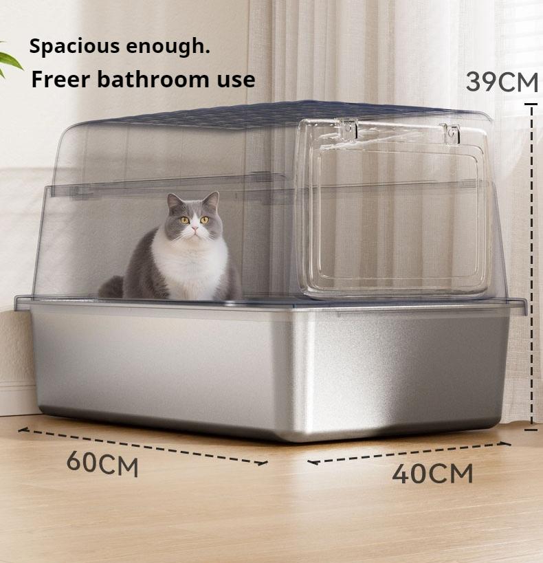 Square stainless steel cat litter box; Large-space dirt-resistant and wear-resistant cat toilet; Closed cat litter box pet supplies
