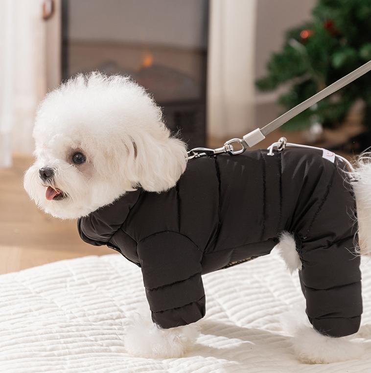 Dog down jacket with fabric label; Warm dog clothes for autumn and winter Four-legged graphene-pulled down jacket Pet clothes for small and medium-sized dogs