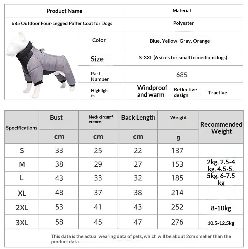 Dog reflective waterproof down jacket Thickened down jackets for puppies in autumn and winter; Winter pet four-legged cotton-padded jacket