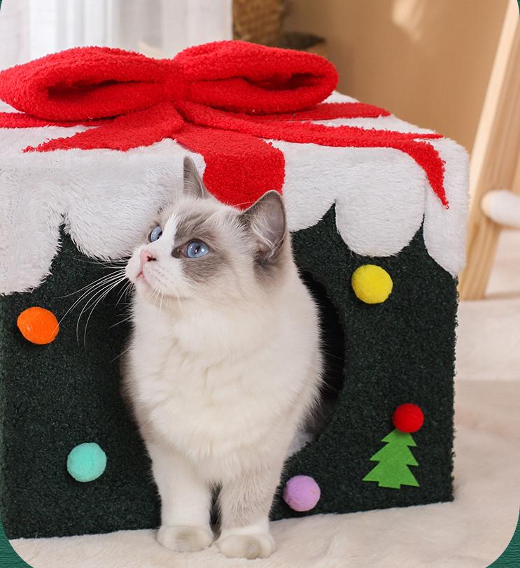 Christmas gift box cat bed；Christmas gift box cat bed; A spacious and private cat bed for winter warmth