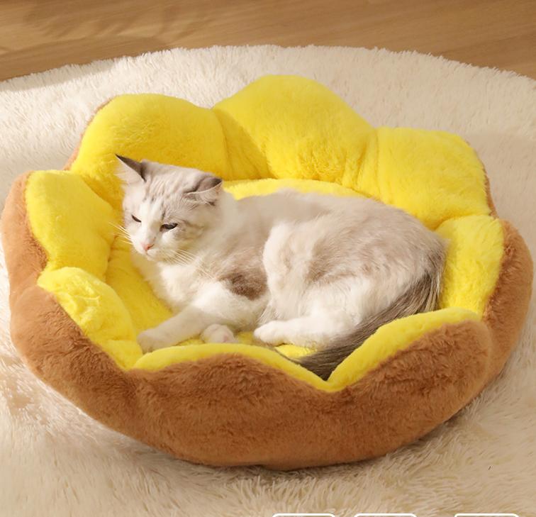 Eight-petal flower pet bed; Winter warm cat bed; Semi-enclosed rabbit plush round dog house; Washable dog sleeping pad