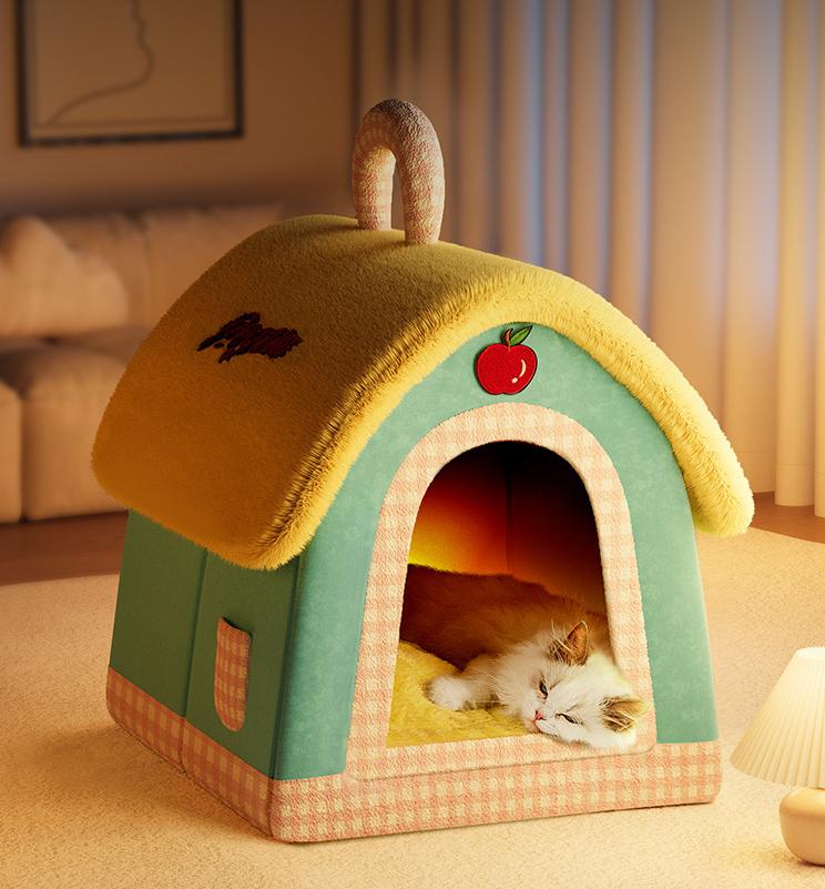 A small house-shaped pet cat bed; Luxurious villa for warmth in winter; Closed cat sleeping house;Small dog