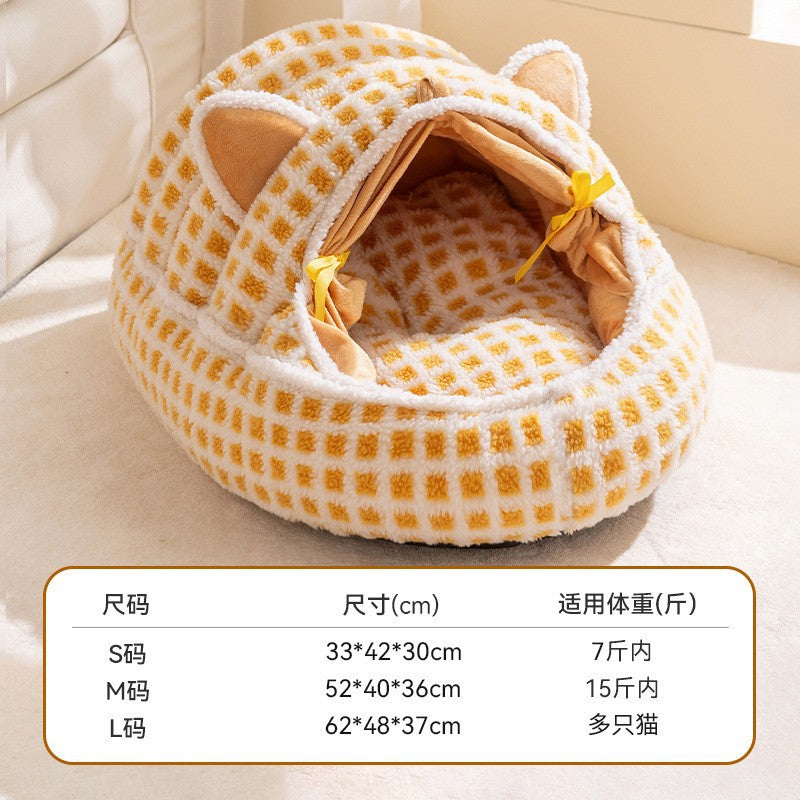 Autumn and winter plush pet bed; Cute cat ears; Warm three-dimensional enveloping style; Soft and deep sleep in dog and cat beds; Pet bed pad