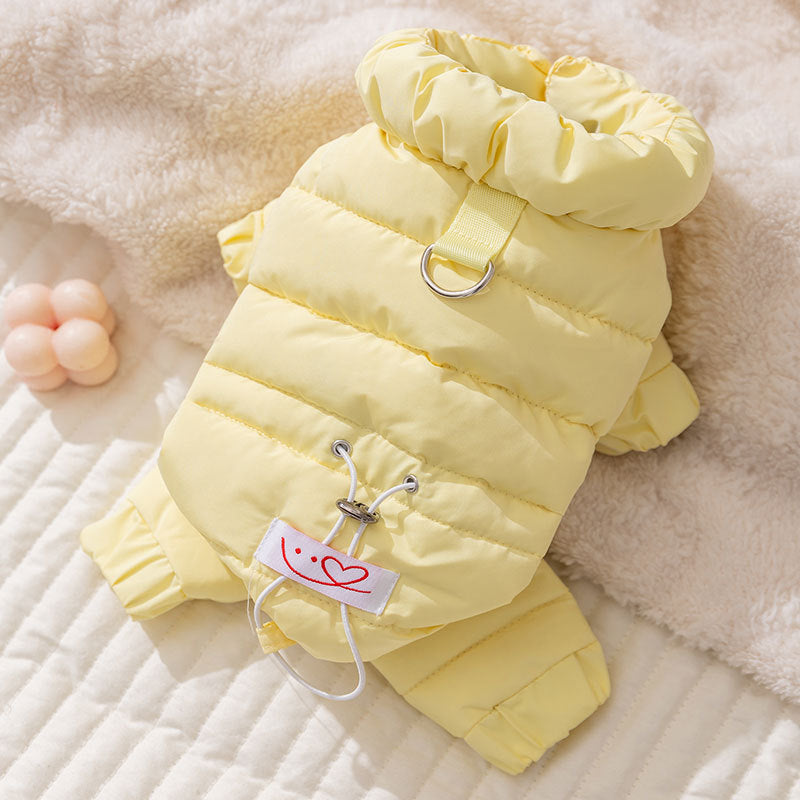 Dog down jacket with fabric label; Warm dog clothes for autumn and winter Four-legged graphene-pulled down jacket Pet clothes for small and medium-sized dogs