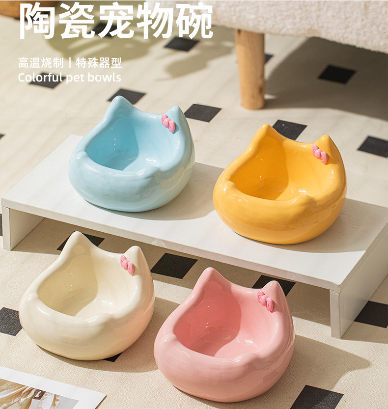 Ceramic pet feeding bowl; It can hold pet food and water. Ceramic products are heavy and not easy to be knocked over. A pet food bowl with a raised neck guard at the bottom