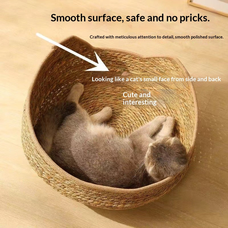 # Rattan Cat Ear Pet Bed: Suitable for all four seasons. Cat scratcher pet bed Pet cats made of rattan and straw can be disassembled and washed. Cat supplies