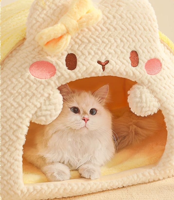 Rabbit-shaped plush pet bed; Winter warm closed cat sleeping bag; A safe bed for cats to sleep in during winter.Small dogs are available.