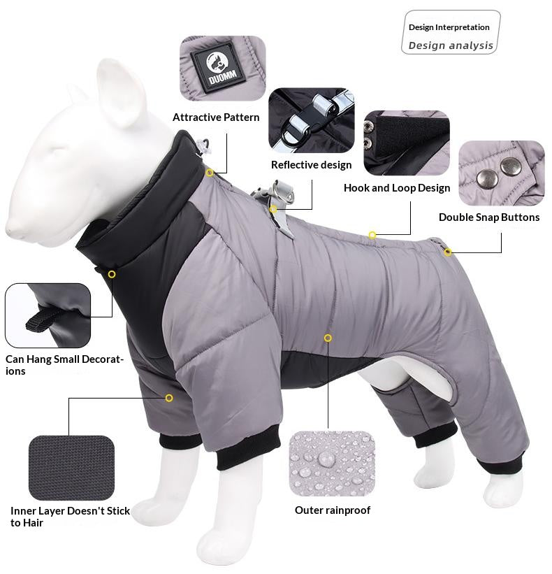 Dog reflective waterproof down jacket Thickened down jackets for puppies in autumn and winter; Winter pet four-legged cotton-padded jacket