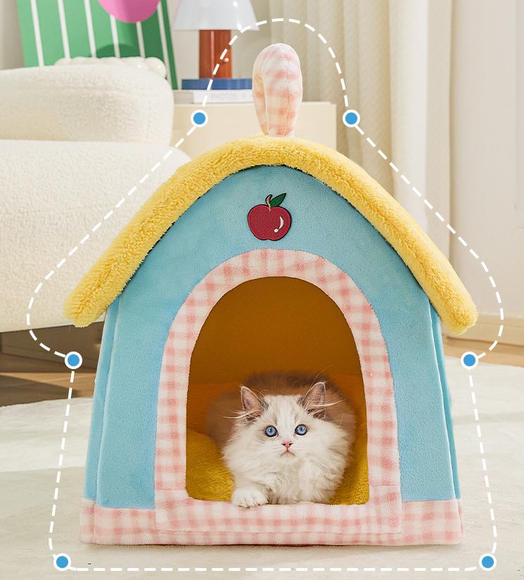 A small house-shaped pet cat bed; Luxurious villa for warmth in winter; Closed cat sleeping house;Small dog