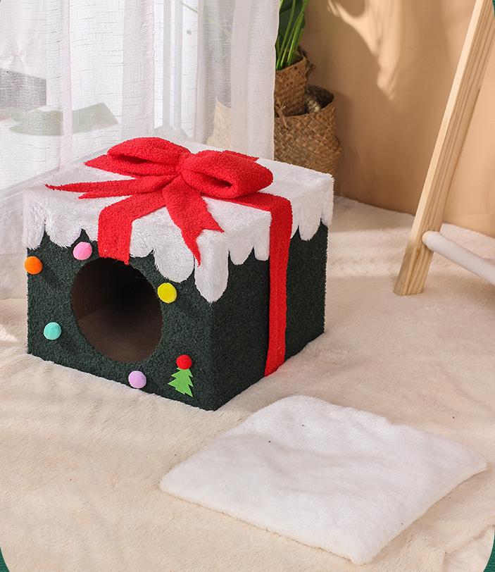 Christmas gift box cat bed；Christmas gift box cat bed; A spacious and private cat bed for winter warmth