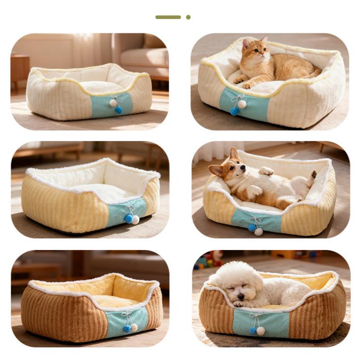 # Striped plush pet bed; The doghouse is suitable for all seasons. Teddy small dog Bichon Frise bed sofa; Keep the cat bed warm in autumn and winter