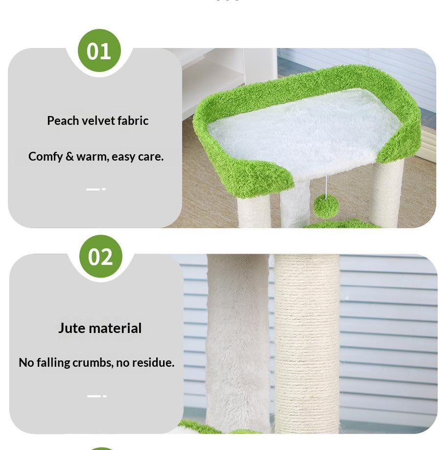 Green double-nest cat climbing frame; Sisal is resistant to scratching cats. It doesn't flake off and is easy to grip. Integrated pet supplies;