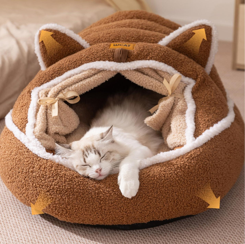 Autumn and winter plush pet bed; Cute cat ears; Warm three-dimensional enveloping style; Soft and deep sleep in dog and cat beds; Pet bed pad