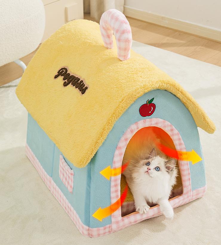 A small house-shaped pet cat bed; Luxurious villa for warmth in winter; Closed cat sleeping house;Small dog