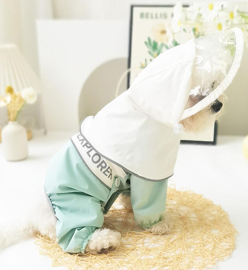 Outdoor four-legged raincoat Dog clothes, transparent raincoats and raincoats; The waterproof cap can be pulled. A small dog with a four-legged tummy