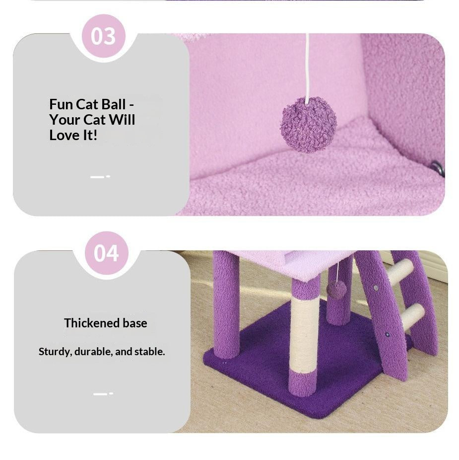Purple multi-functional cat bed climbing frame; Integrated cat climbing frame, cat bed and cat scratch post; A small-sized apartment that doesn't take up much space and is an integrated cat toy
