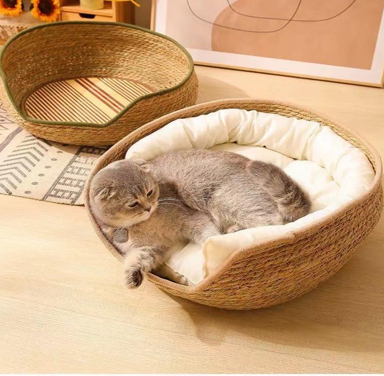 # Rattan Cat Ear Pet Bed: Suitable for all four seasons. Cat scratcher pet bed Pet cats made of rattan and straw can be disassembled and washed. Cat supplies