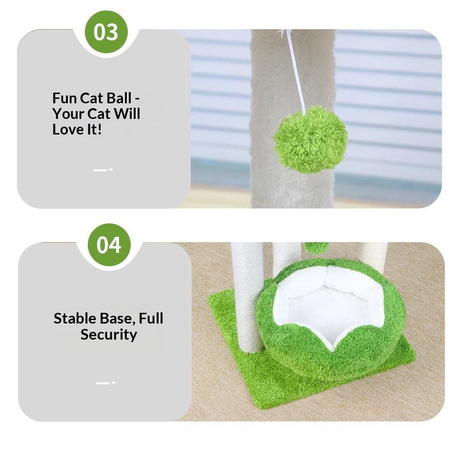 Green double-nest cat climbing frame; Sisal is resistant to scratching cats. It doesn't flake off and is easy to grip. Integrated pet supplies;