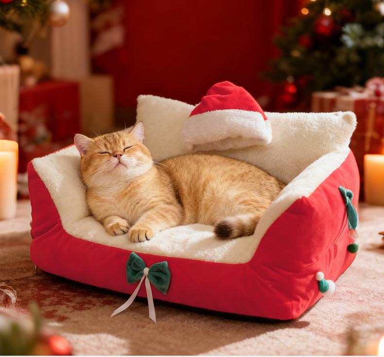 Christmas festive atmosphere cat bed A dog bed that can be disassembled and washed all year round. Thickened cat sofa Winter warm cat bed