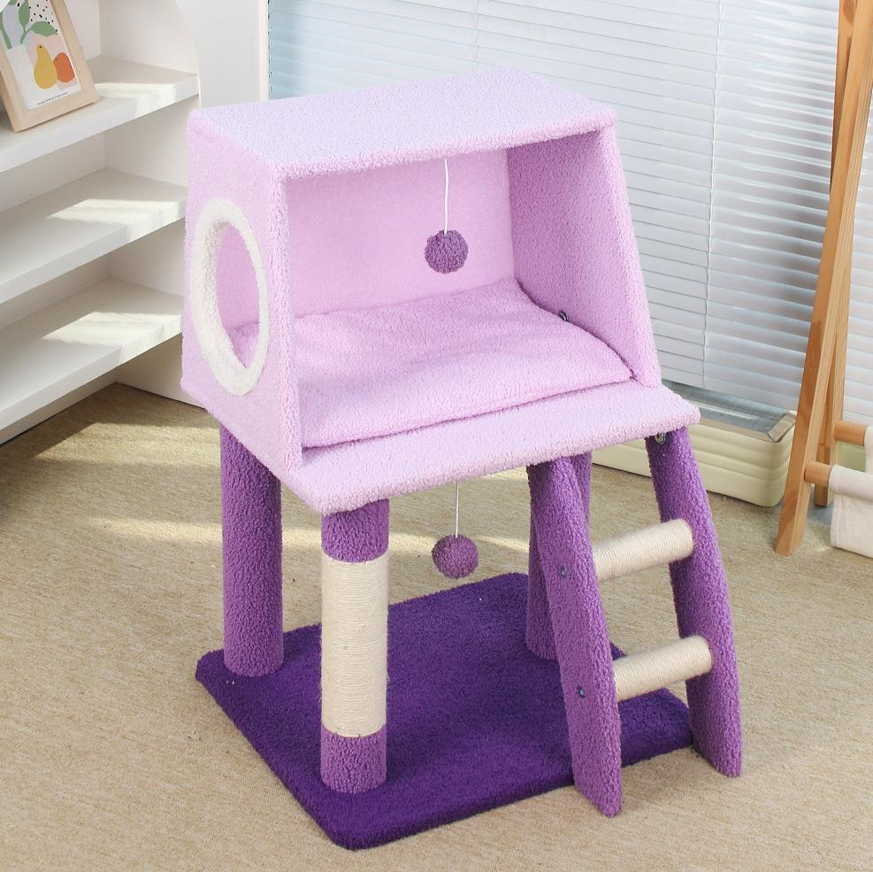 Purple multi-functional cat bed climbing frame; Integrated cat climbing frame, cat bed and cat scratch post; A small-sized apartment that doesn't take up much space and is an integrated cat toy