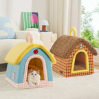 A small house-shaped pet cat bed; Luxurious villa for warmth in winter; Closed cat sleeping house;Small dog