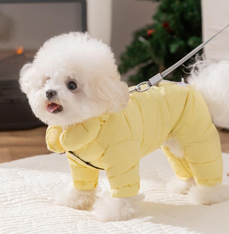 Dog down jacket with fabric label; Warm dog clothes for autumn and winter Four-legged graphene-pulled down jacket Pet clothes for small and medium-sized dogs