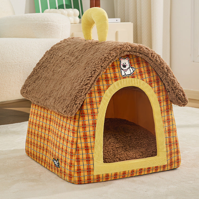 A small house-shaped pet cat bed; Luxurious villa for warmth in winter; Closed cat sleeping house;Small dog