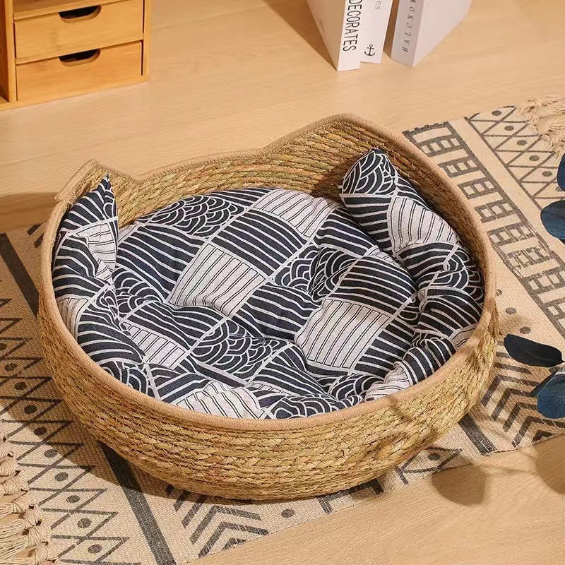 # Rattan Cat Ear Pet Bed: Suitable for all four seasons. Cat scratcher pet bed Pet cats made of rattan and straw can be disassembled and washed. Cat supplies