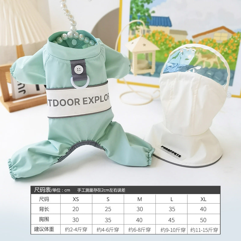 Outdoor four-legged raincoat Dog clothes, transparent raincoats and raincoats; The waterproof cap can be pulled. A small dog with a four-legged tummy