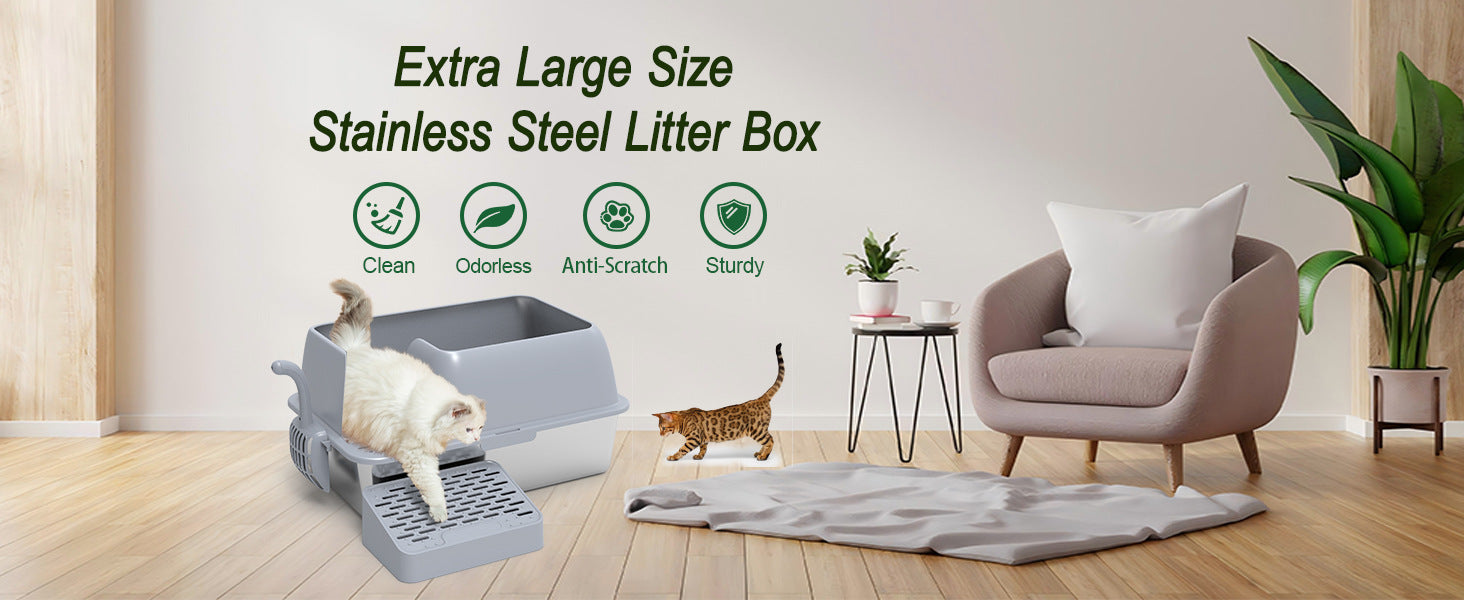 Stainless Steel Cat Litter Box Splash-Proof Large Semi-Enclosed Cat Toilet Pet Cleaning Supplies Open Cat Litter Tray