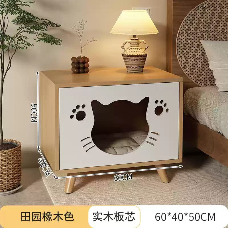 Solid wood cat bed bedside table; Simple and compact; Multi-functional cat shelter with bedside cabinet The storage cabinet is specially for cats