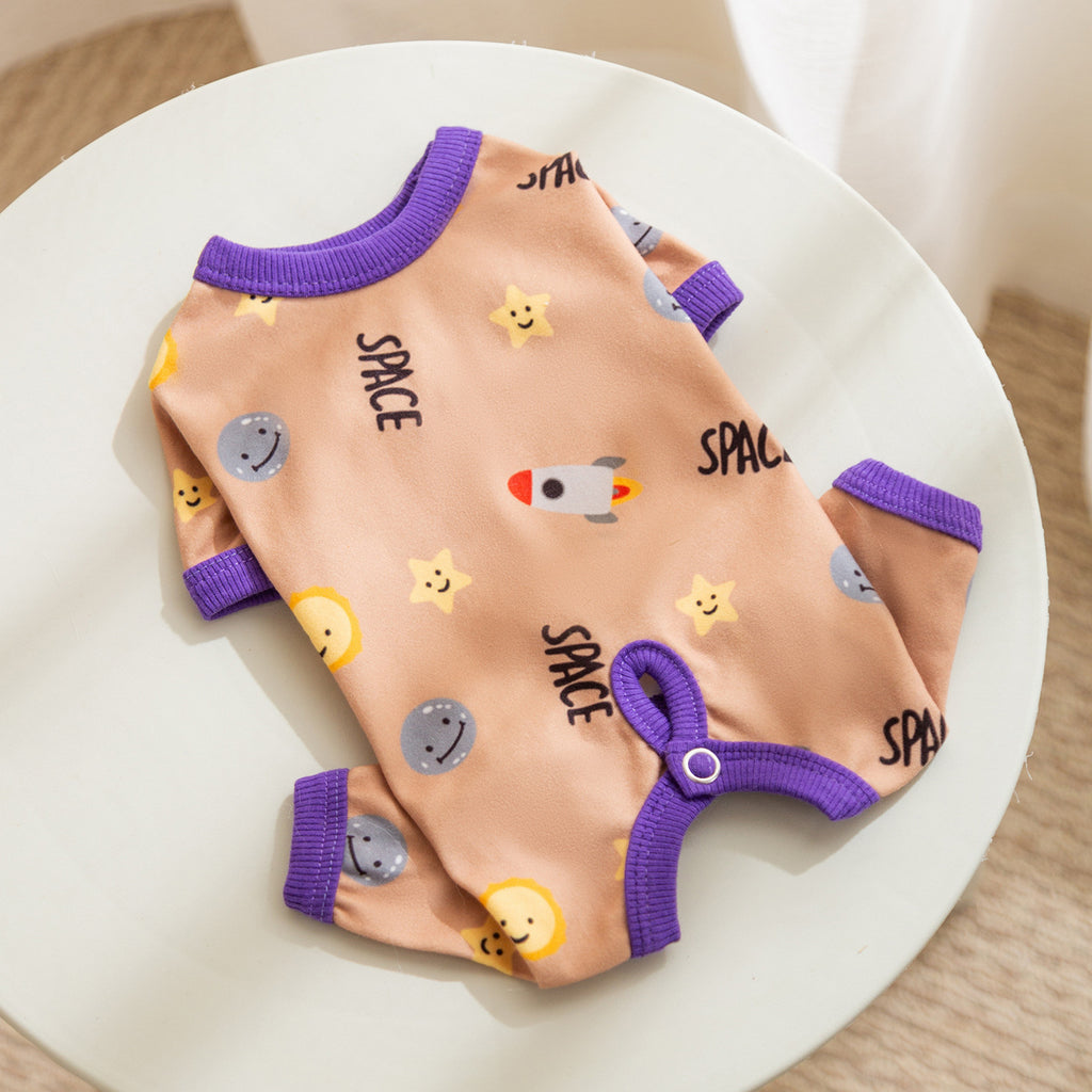 Cartoon space full-printed four-legged tummy jacket; Home clothes for cats and dogs Pet clothes for keeping warm and protecting the belly in autumn and winter